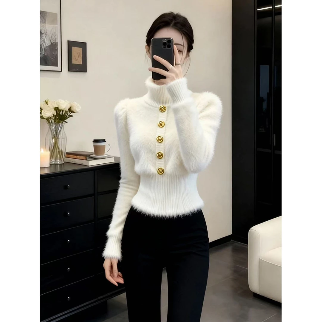 软糯慵懒白色高领针织衫女2025冬季气质名媛独特漂亮掐腰百搭毛衣