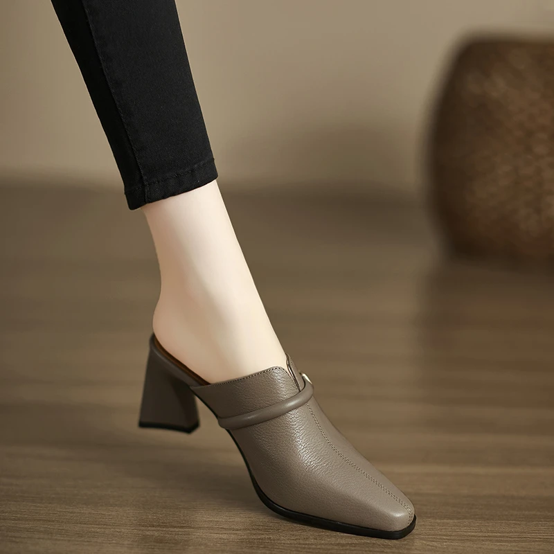 小个子手工女鞋6.5cm~粗跟高跟凉鞋女包头懒人拖鞋时尚百搭穆勒鞋