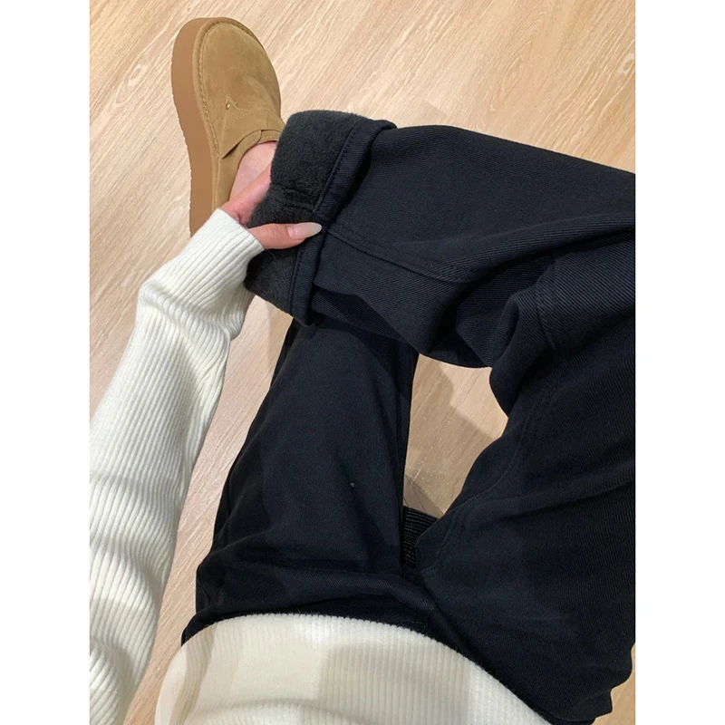 2025秋冬加绒加厚黑色纯棉牛仔裤女新款小个子高腰显瘦百搭直筒裤