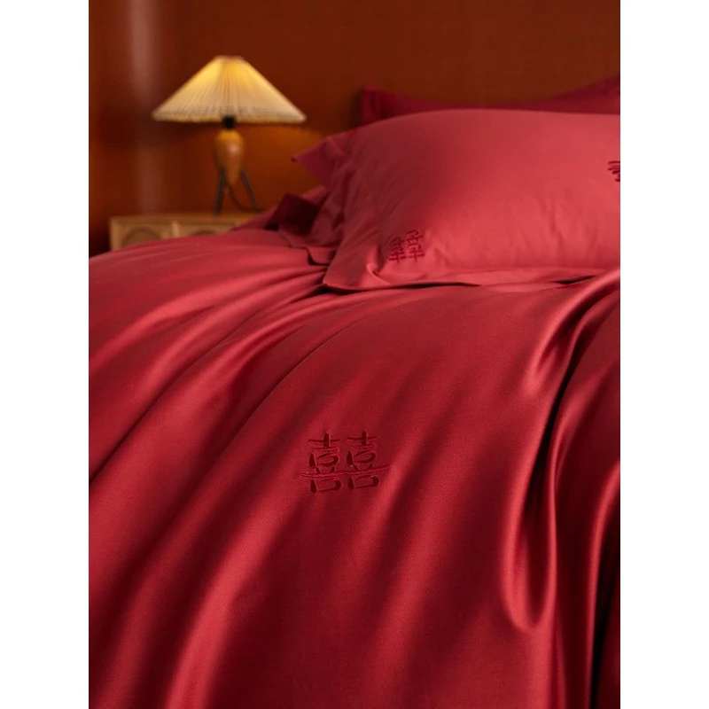 水星高端系列家纺婚庆欢喜鸳鸯长绒棉四件套全棉纯棉红色结婚床单