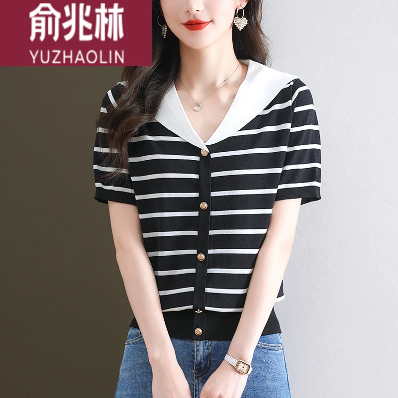 俞兆林条纹妈妈时尚小衫上衣短袖冰丝针织衫女夏装2024