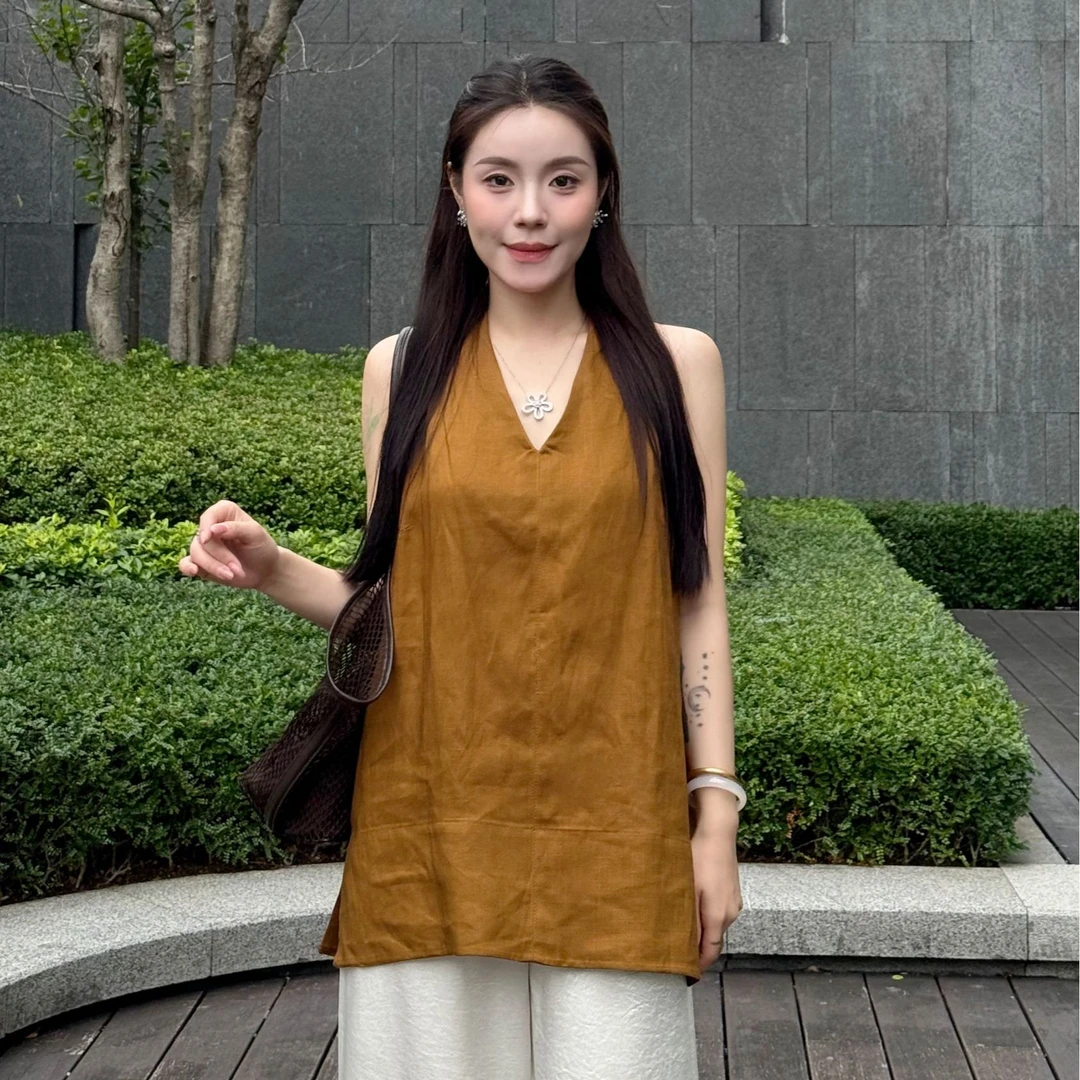 2025高级简约亚麻V领无袖衬衫女透气宽松背心
