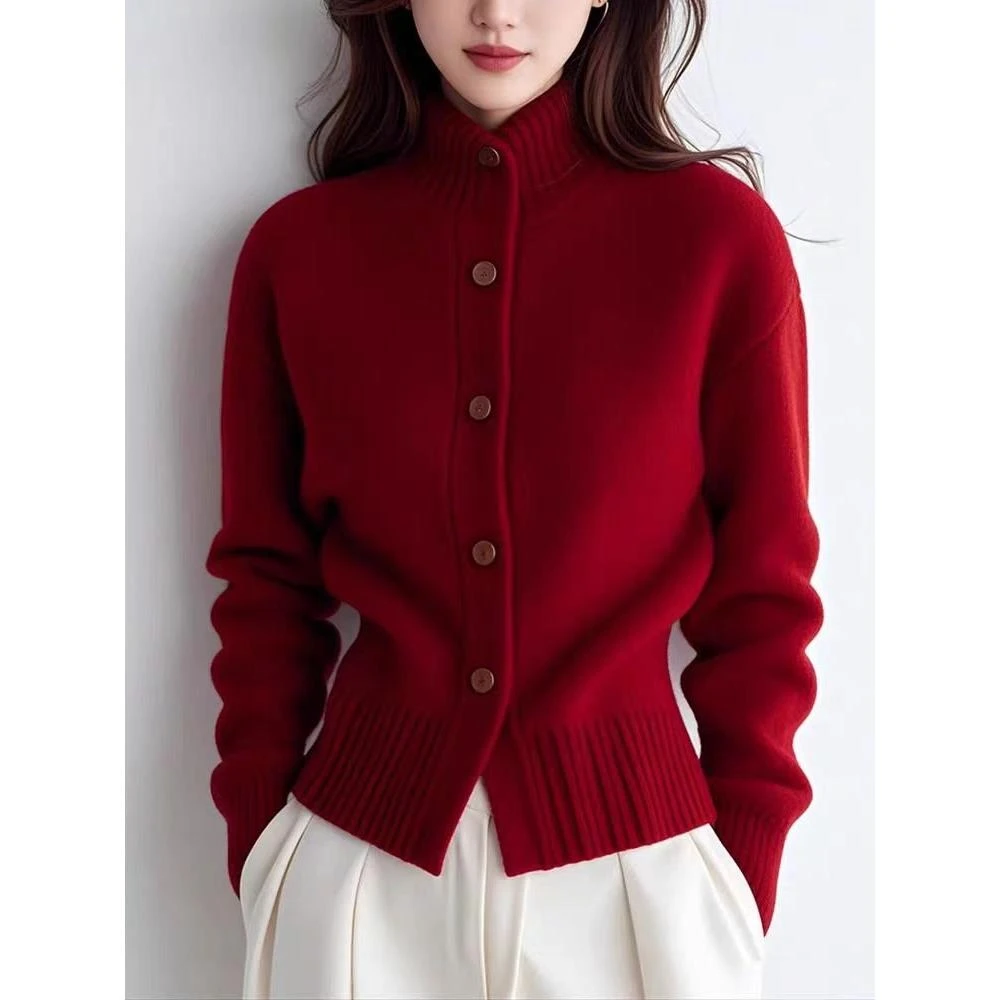 SS262时尚洋气绝美红色高领长袖毛衣针织开衫女宽松超好看小衫