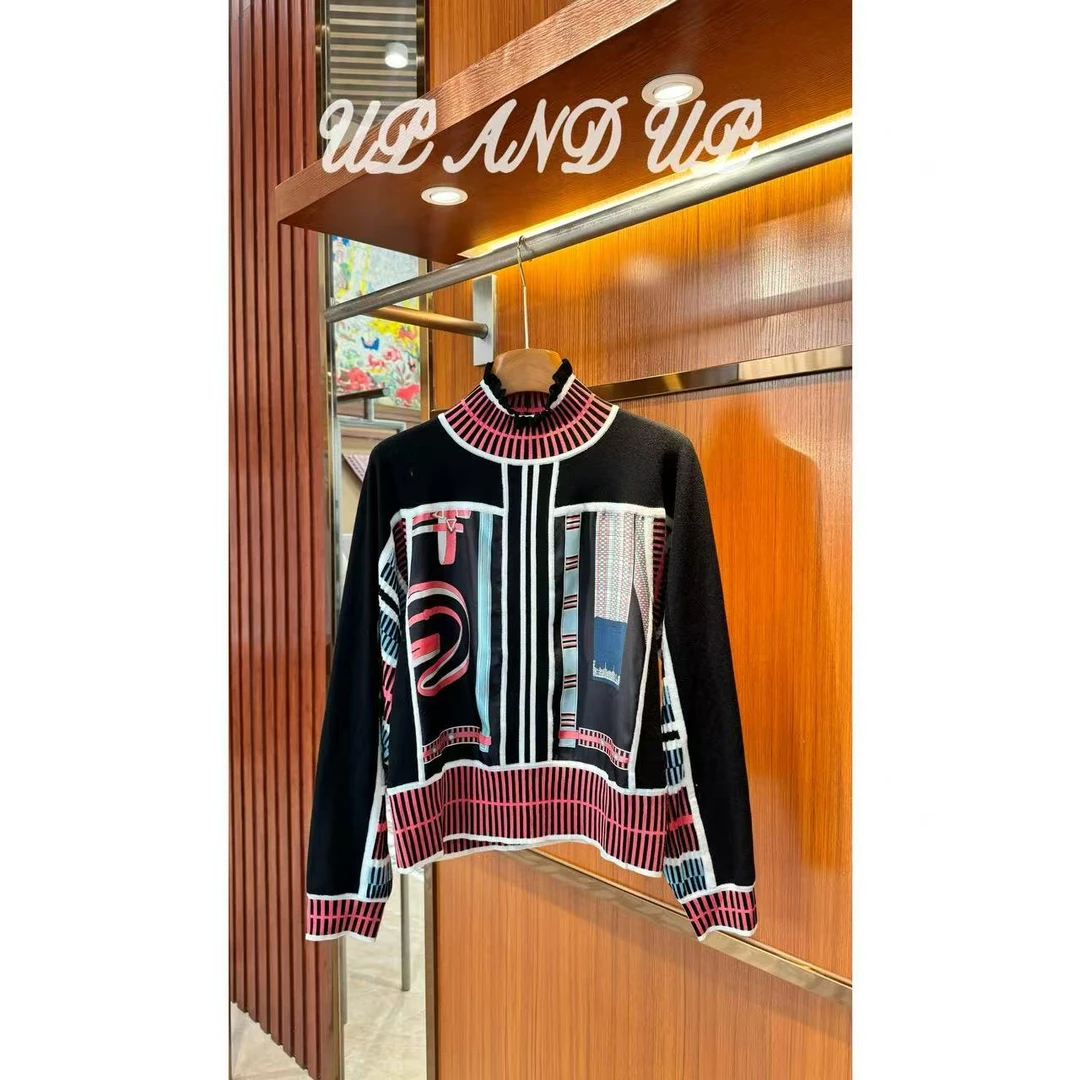 秋冬复古撞色半高领套头长袖羊毛针织衫