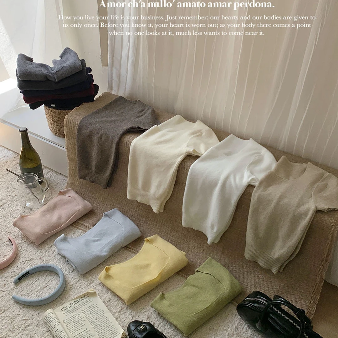 韩系复古软糯方领短袖针织衫显瘦外穿毛衣女早秋百搭简约休闲上衣