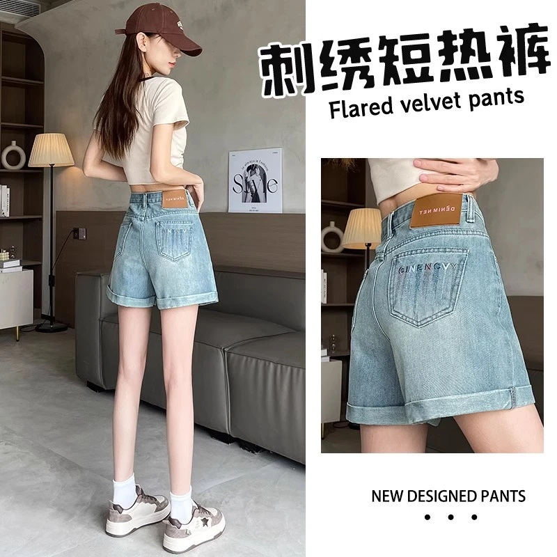 浅蓝色复古牛仔短裤女夏季薄款新款高腰显瘦a字卷边分小个子热裤