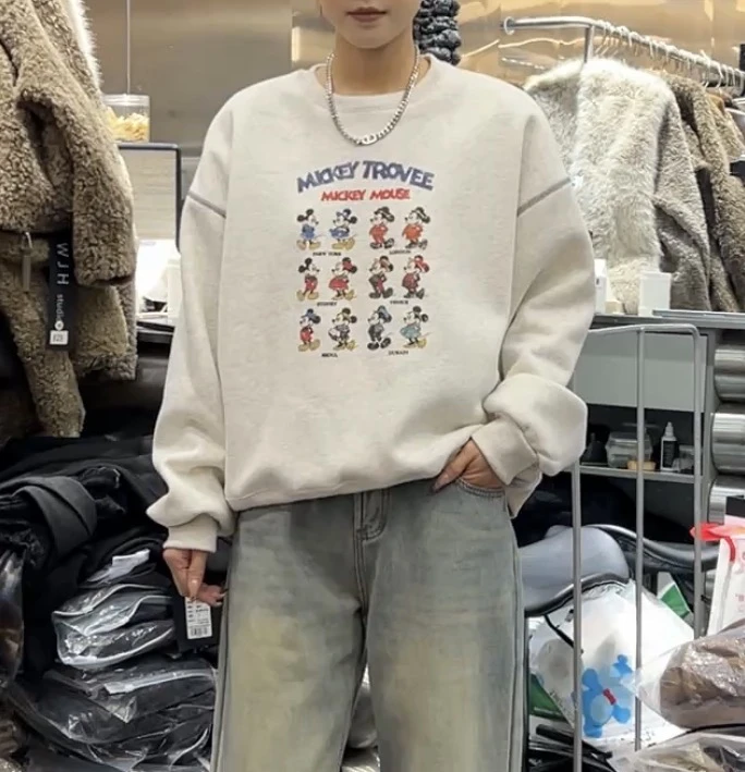 【晨玲推荐】1633秋冬加绒卫衣卡通米奇印花宽松圆领女休闲百搭韩系