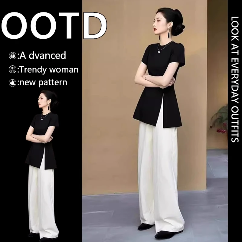 夏季时尚小香风黑色短袖上衣减龄洋气搭配套装新中式国风气质穿搭