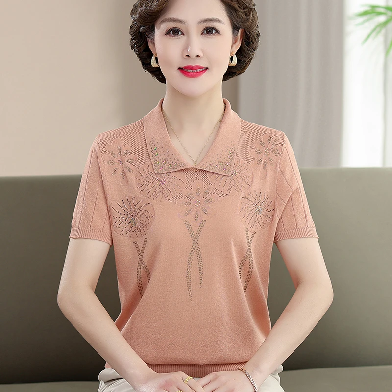妈妈夏装短袖冰丝t恤加大码针织衫中年女2025新款针织衫上衣洋气