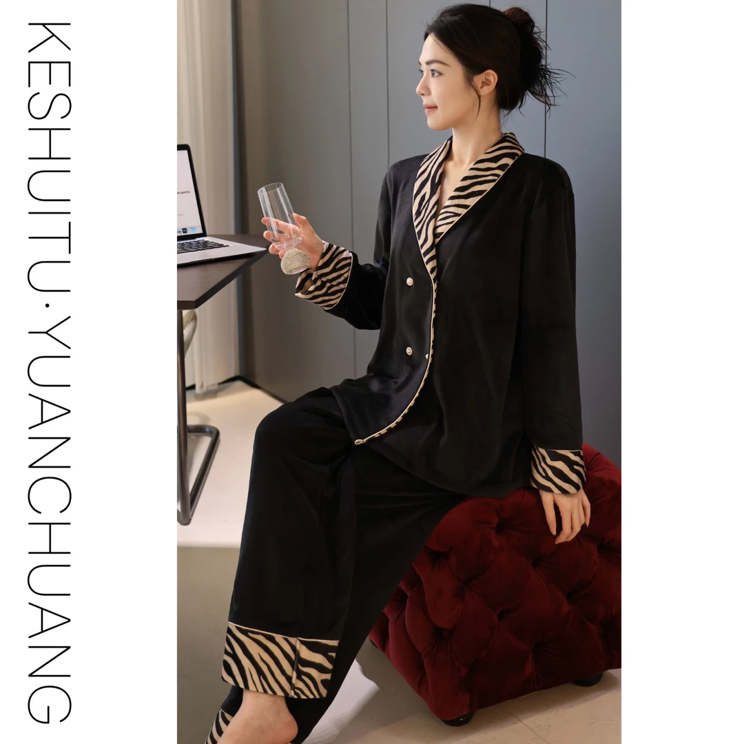 【夜影斑马】轻奢斑马贵妇睡衣女秋冬季海岛绒加厚高级感长袖家居服