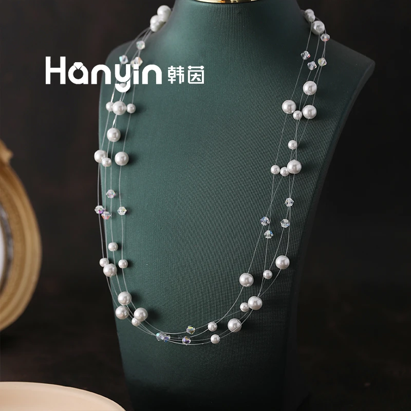 铜合金仿水晶项链 四层叠戴隐藏鱼线项链小众设计感蛇骨链