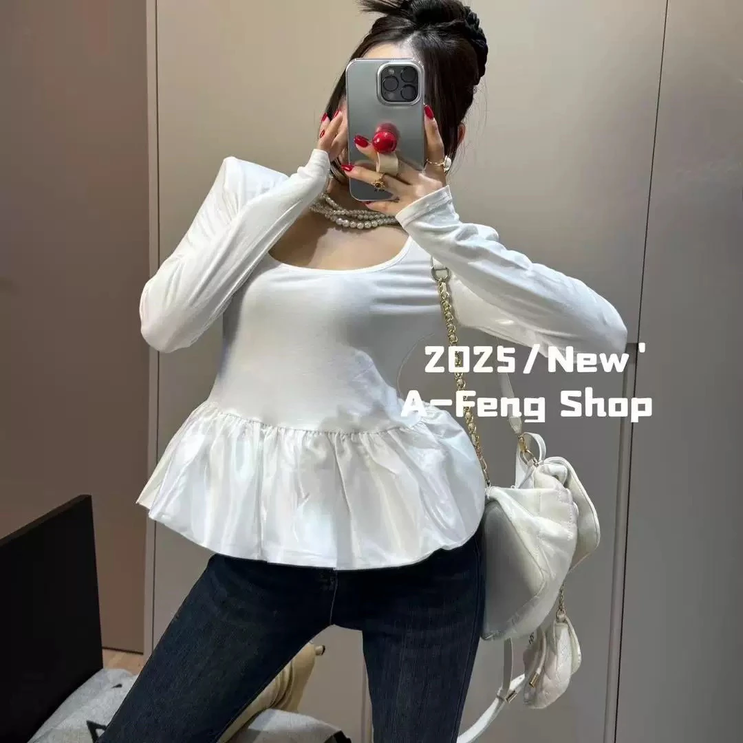 雯雯家 2025春季新款圆领长袖拼接褶皱泡泡修身减龄上衣女