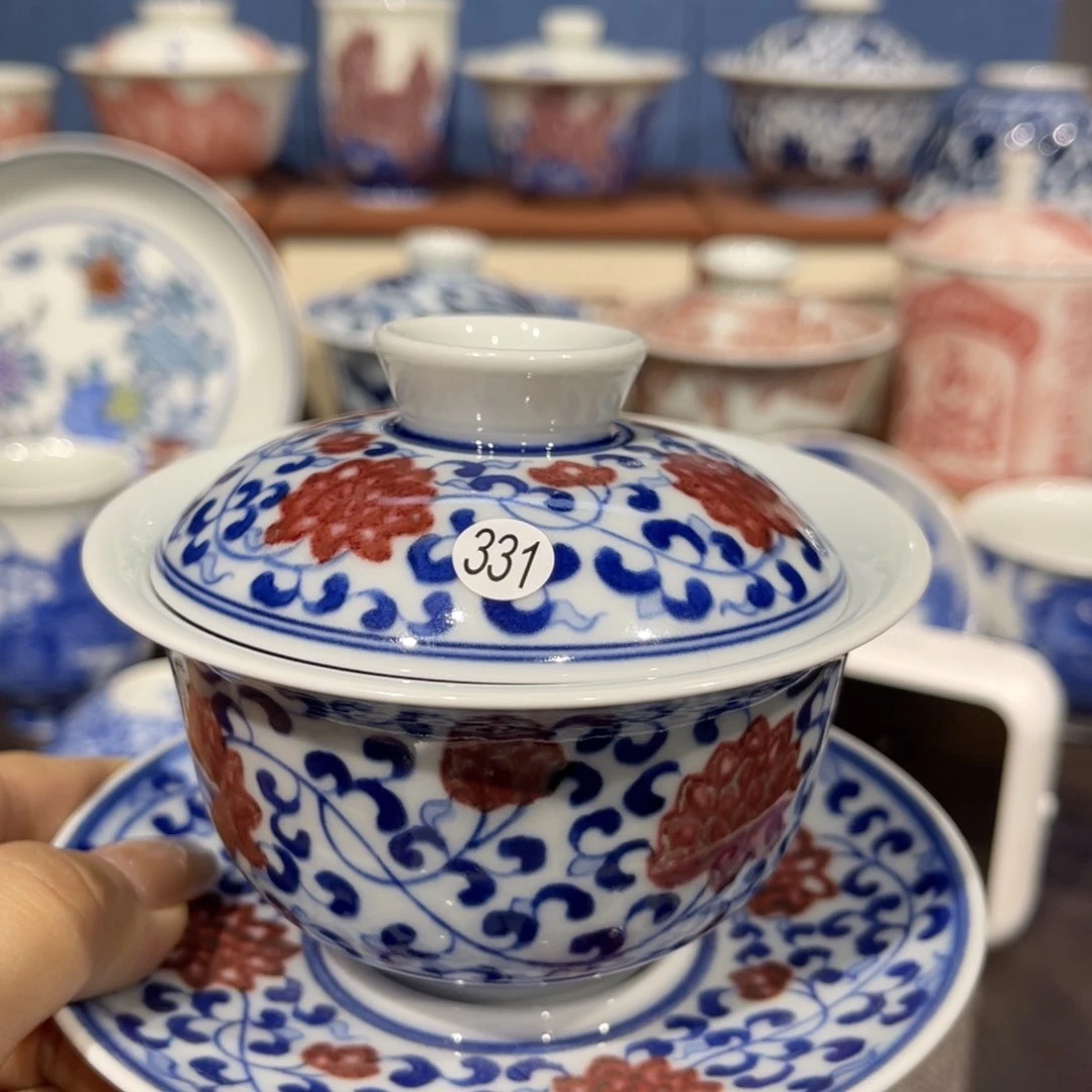 福****?331青花釉里红盖碗微瑕z j101