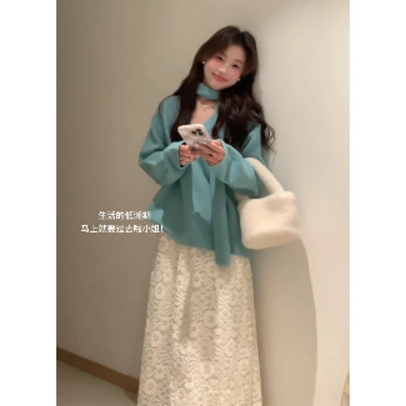 INS CEC秋冬新款法式气质V领针织衫毛衣女温柔风A字半身裙套装