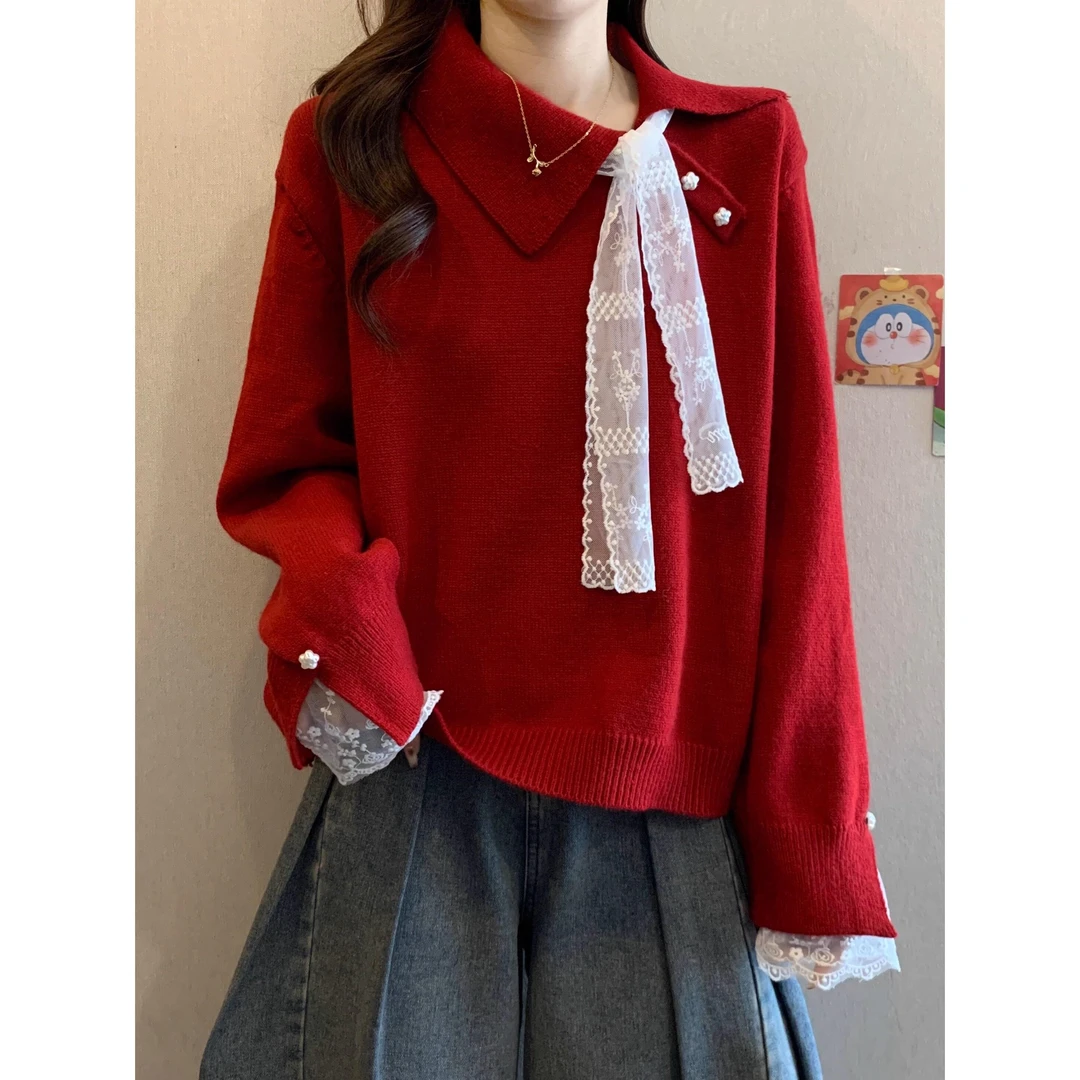 高级感红色毛衣秋冬2025新款大码女装胖女式蓝法黄色斜肩针织衫