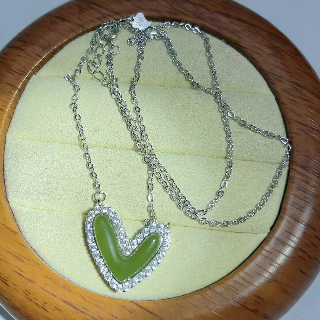 【玉美人曌璞阁】银镶和田玉碧玉心形项链（多样性发货拍一发一）