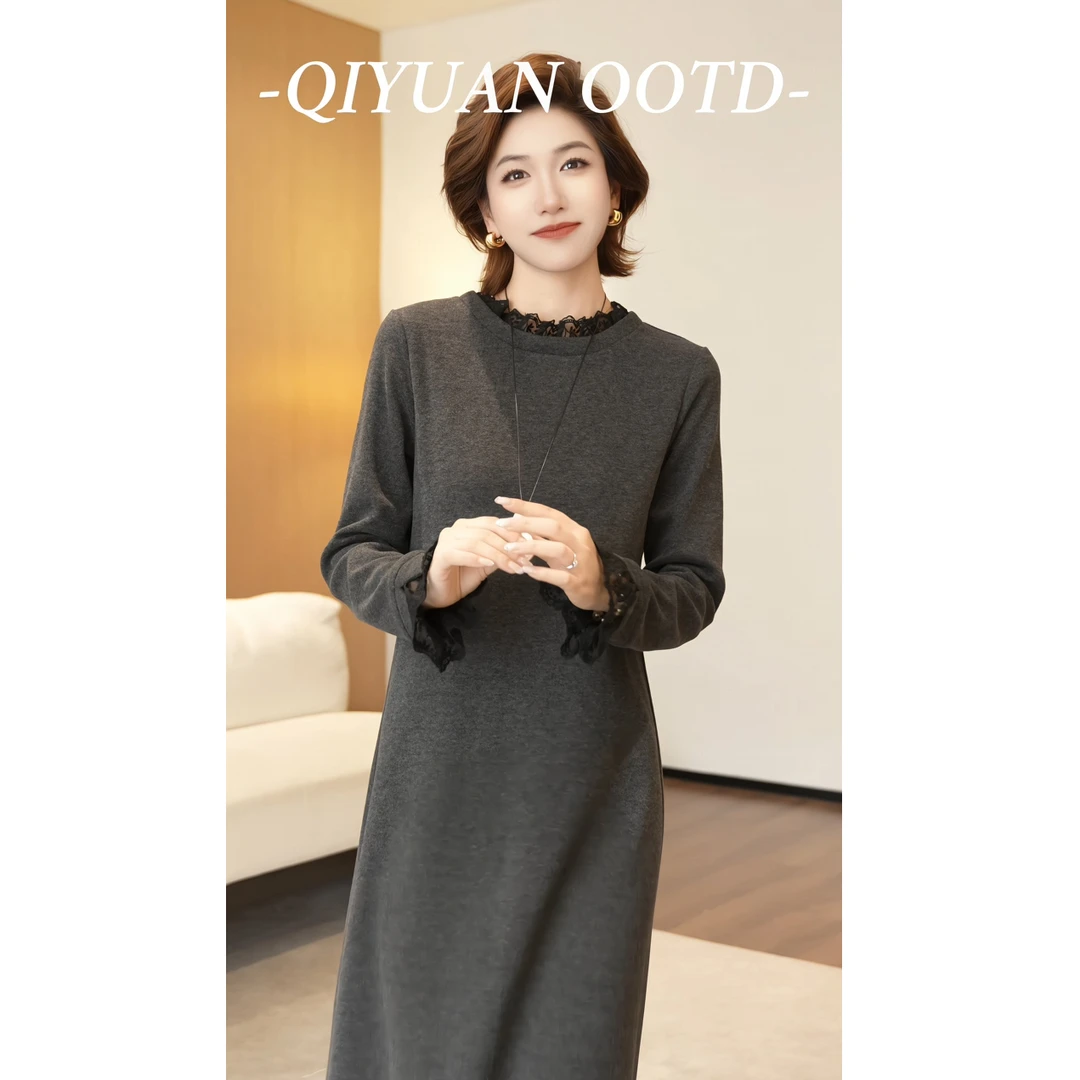 QEIIWMVIP/柒院冬季时尚法式蕾丝拼接遮肉显瘦保暖连衣裙7568