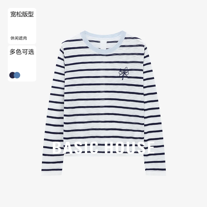 Basic House/百家好夏季条纹设计感气质长袖针织衫-B0625B5GRU2