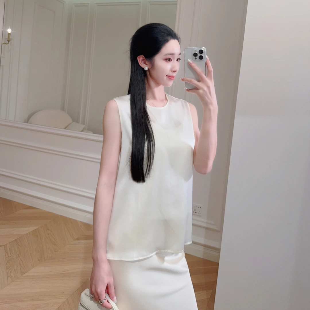 嫚渡2025夏季新款女装时尚纯色桑蚕丝背心宽松显瘦纯色真丝上衣女