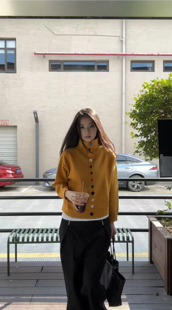 小ban 彩色纽扣高领毛衣2025新款休闲慵懒风外套百搭针织开衫