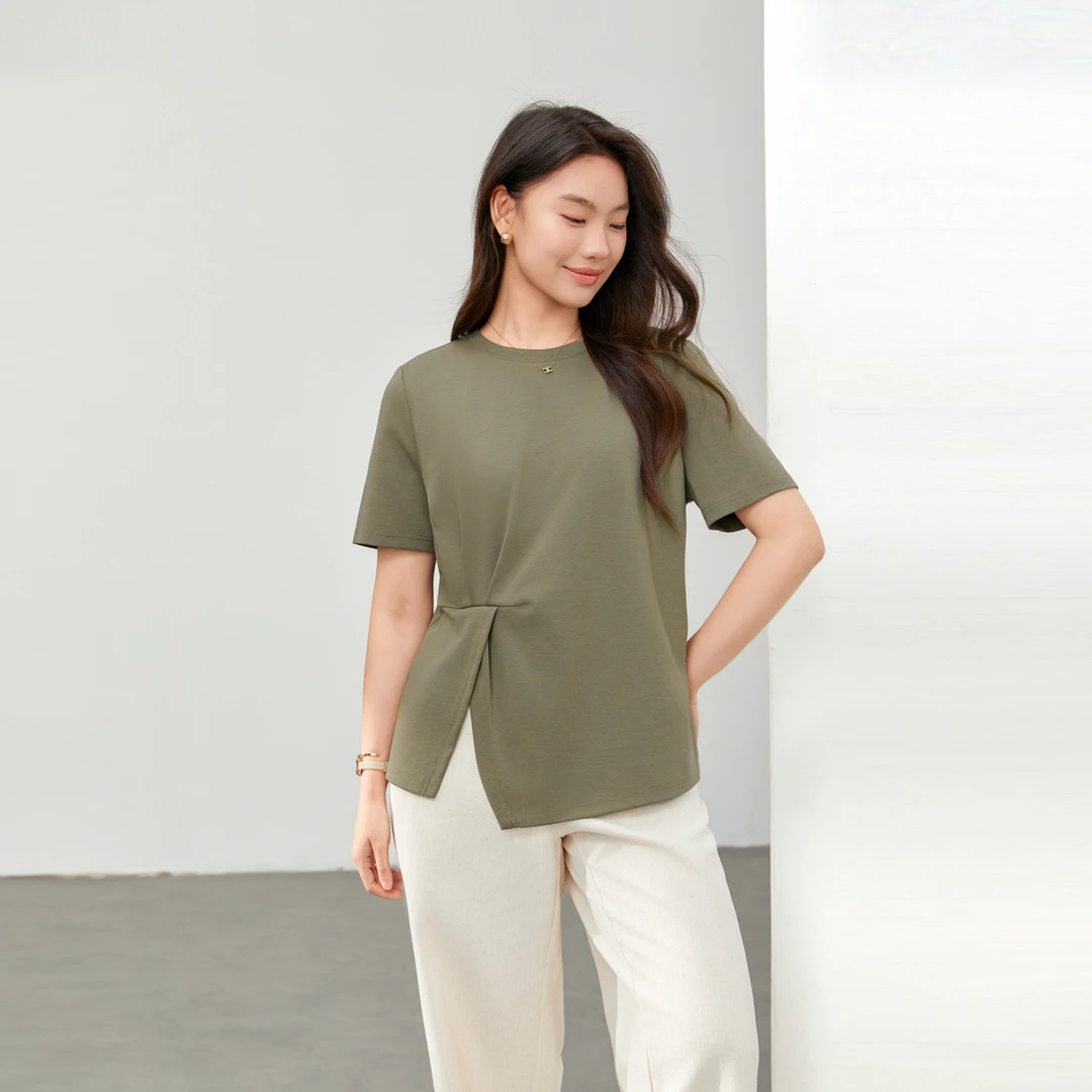 【时髦气质T恤】纤莉秀大码女装洋气开叉气质百搭圆领T恤QK1044