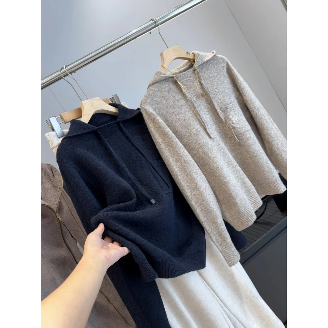 韩版软糯连帽抽绳针织衫上衣女秋冬慵懒风毛衣