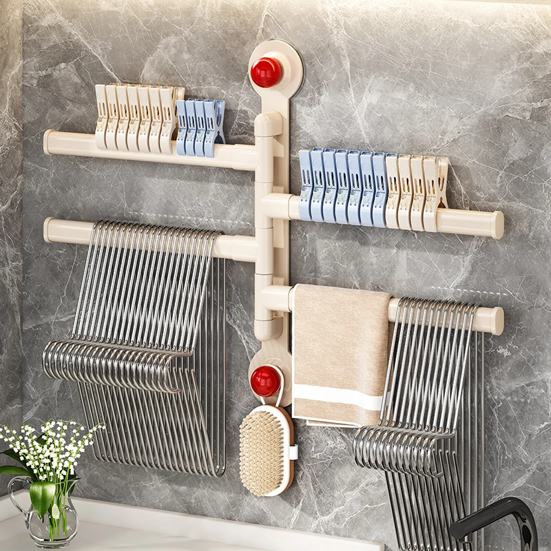 阳台衣架收纳神器免打孔吸盘家用多功能折叠挂衣架壁挂墙拖鞋挂钩