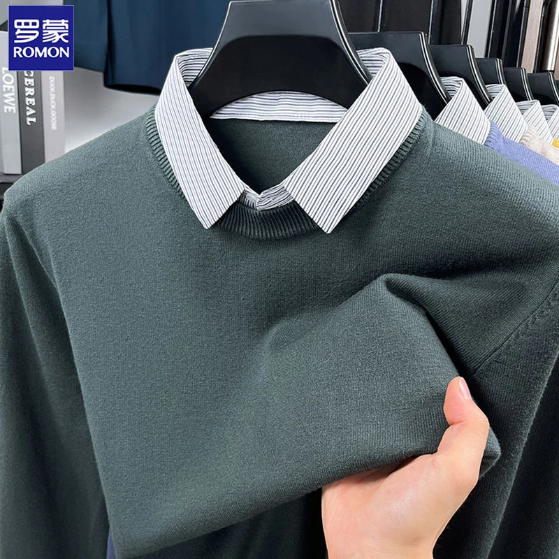Romon/罗蒙长袖毛衣假两件针织衫秋冬男士新款时尚休闲衬衫领上衣