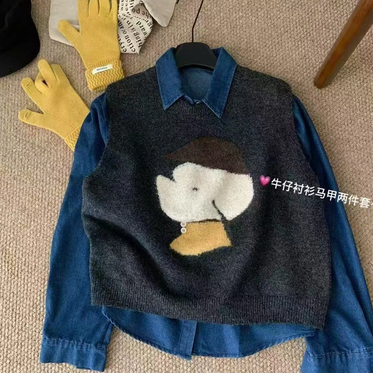 新款卡通提花针织马甲秋冬季时尚叠穿百搭外穿马甲