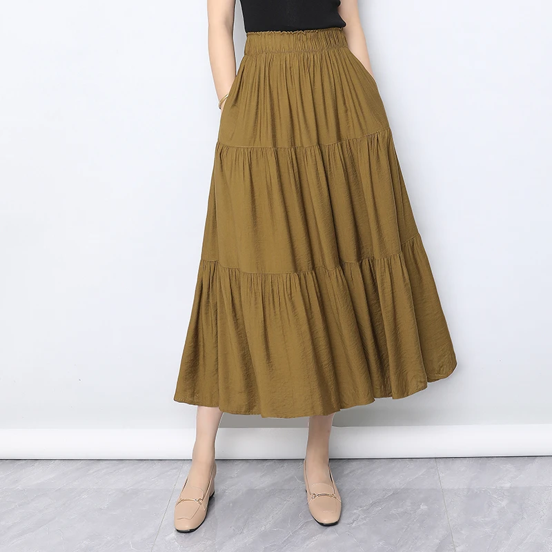 冰丝亚麻伞裙半身裙女夏季2025新款高腰中长款显瘦a字裙子大摆裙