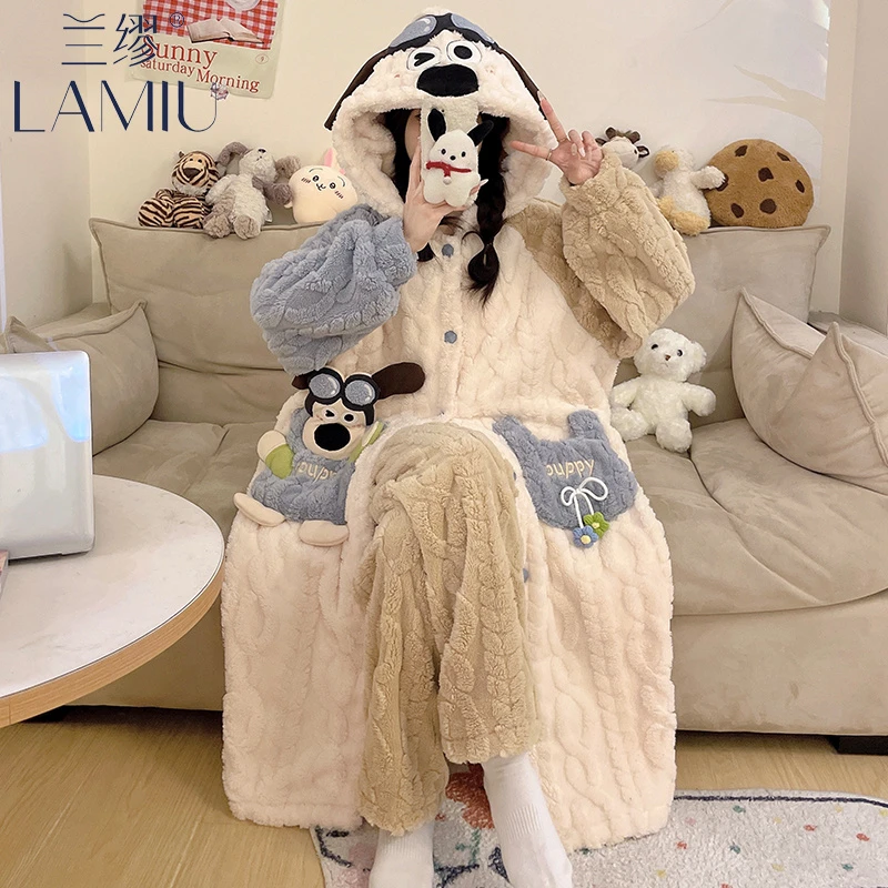 珊瑚绒睡衣女秋冬季加绒加厚可爱连帽睡袍长款女士晨袍浴袍家居服