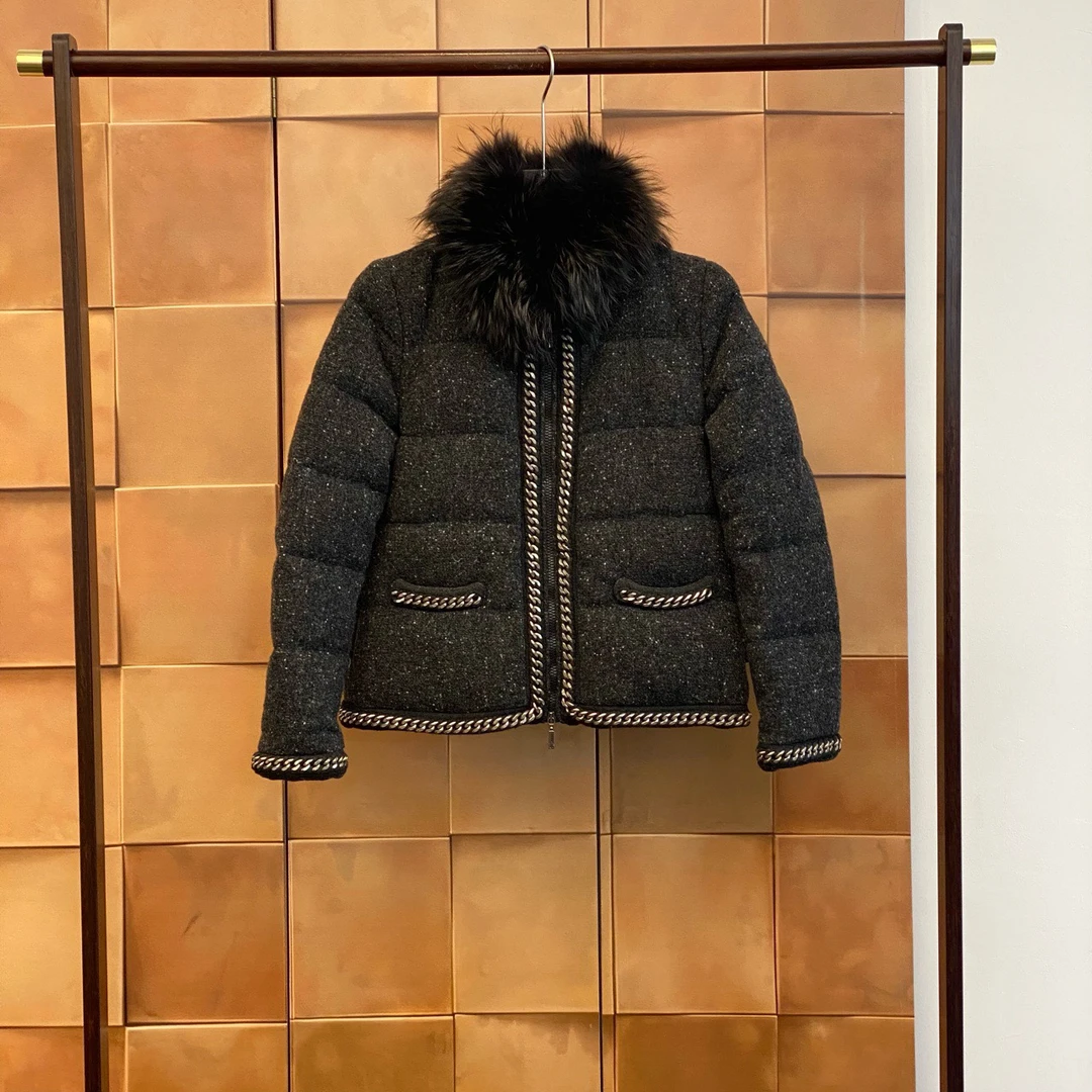 Moncler Chaine灰色毛领小香风羽绒服/1码/98新五金磨损/29348