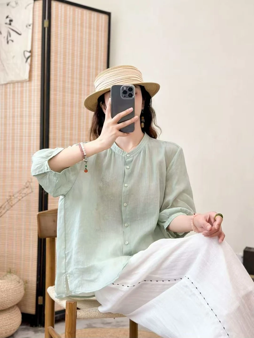 126前片绣花苎麻衬衫复古宽松气质上衣时尚衬衣女装国风