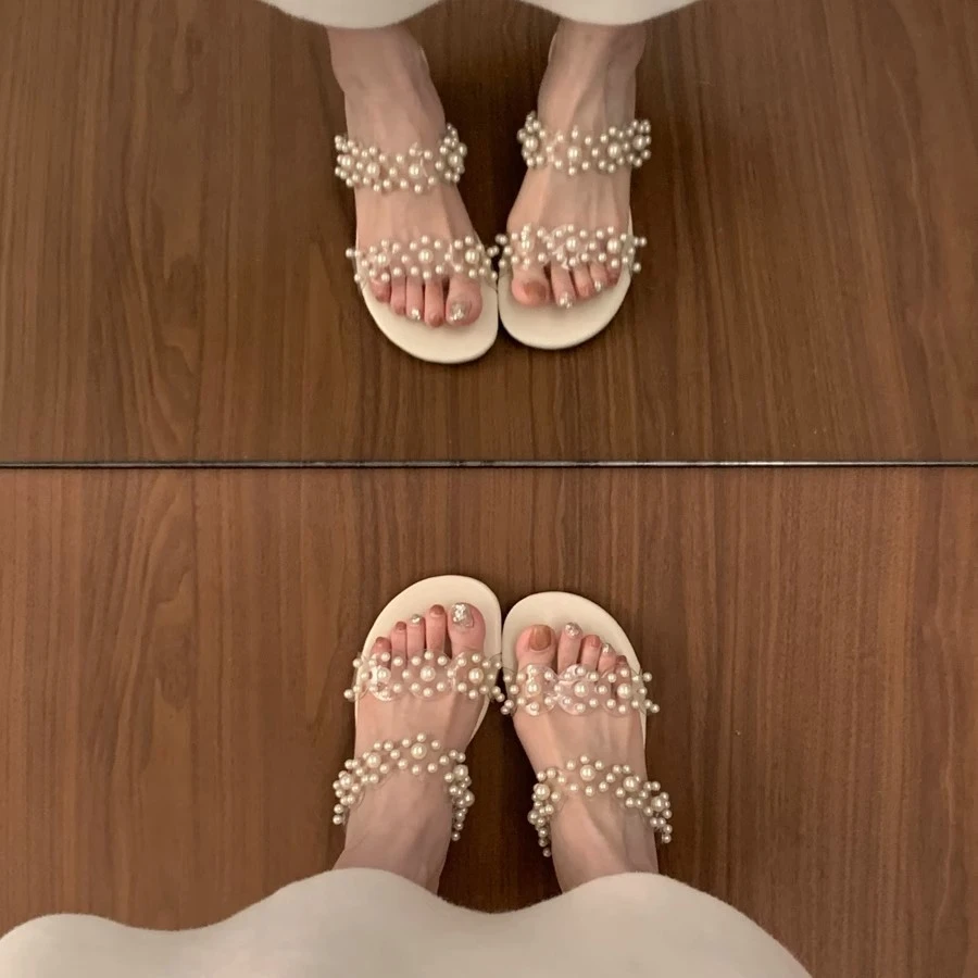 中跟少女风一字拖2025秋季新款时尚百搭仙女风珍珠拖鞋女鞋外穿