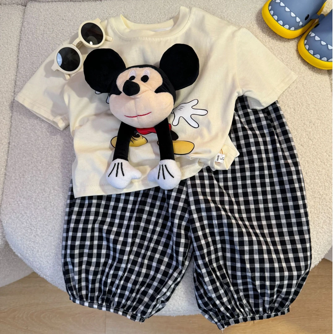 2025新款儿童时尚印花立体玩偶百搭休闲格子裤卡通短袖套装