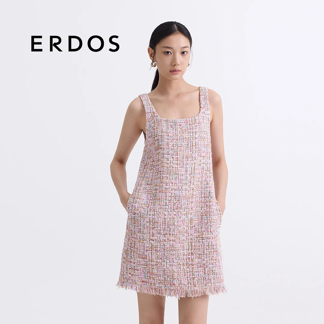 ERDOS 小香风粗花呢方领背心连衣裙春芭比粉法式优雅裙装