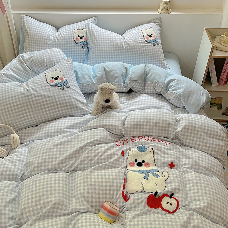 超柔软-春夏新款亲肤水洗棉可爱卡通少女心毛巾绣四件套三件套