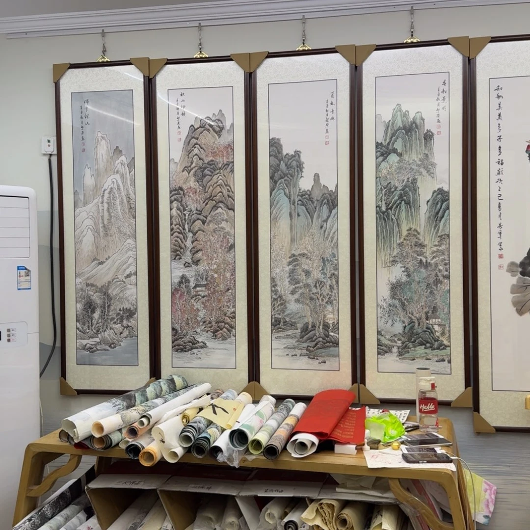 国画春夏秋冬四条屏画框约164×196