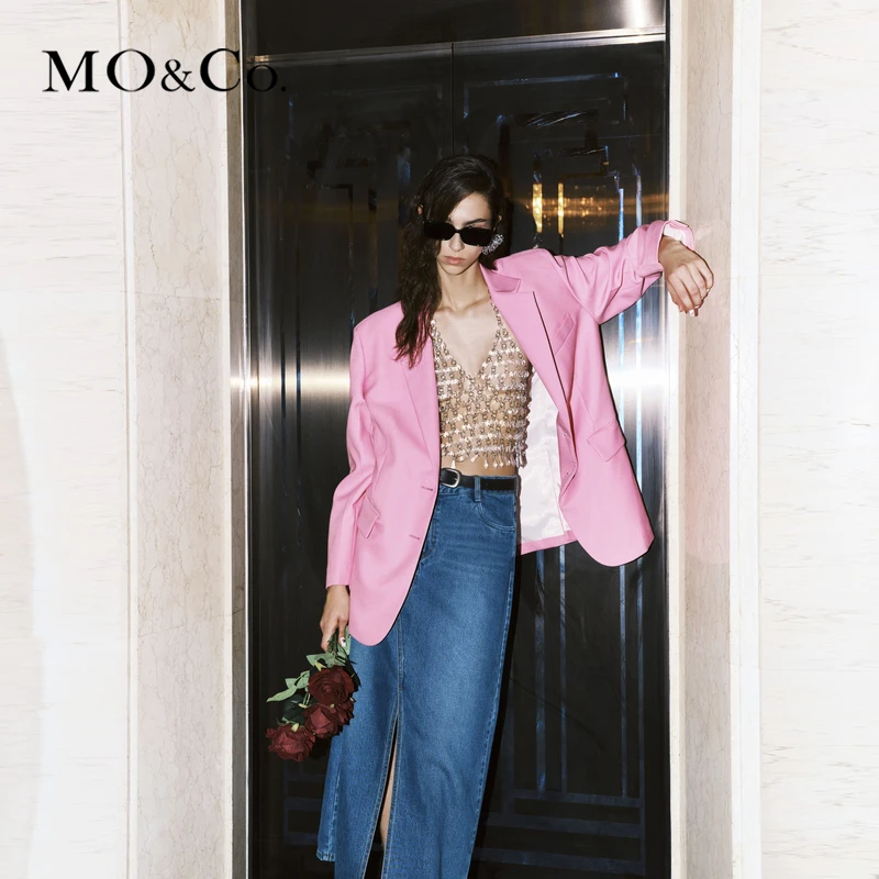 【诗语专属】MOCO秋含绵羊毛精纺垫肩廓形平驳领西装外套MBC3BLA003