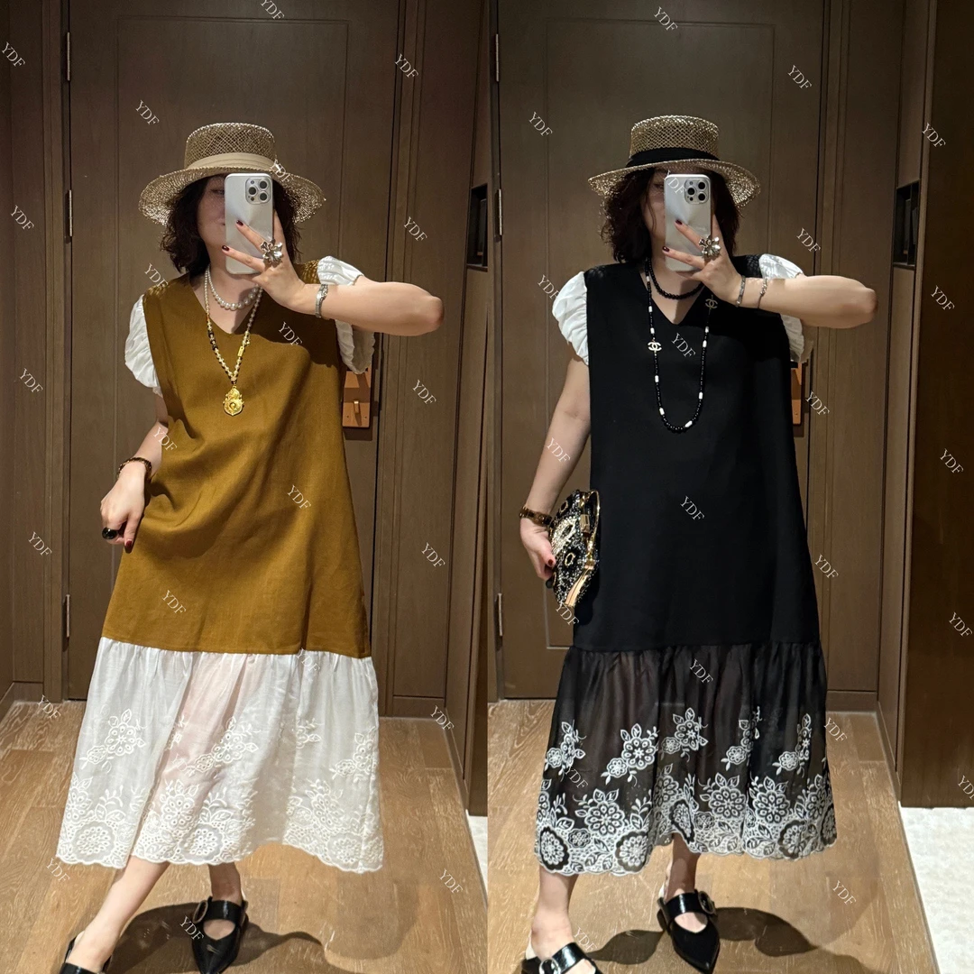 YDFSTUDIO小众【海滨日记】欧货高品刺绣撞色拼接木耳边V领连衣裙
