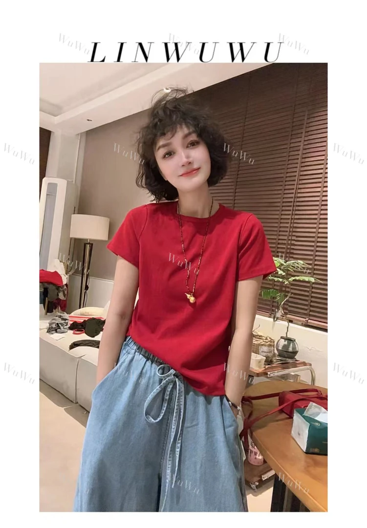 【五五定制】2025新款—夏季时尚短款圆领短袖纯色休闲光板T恤