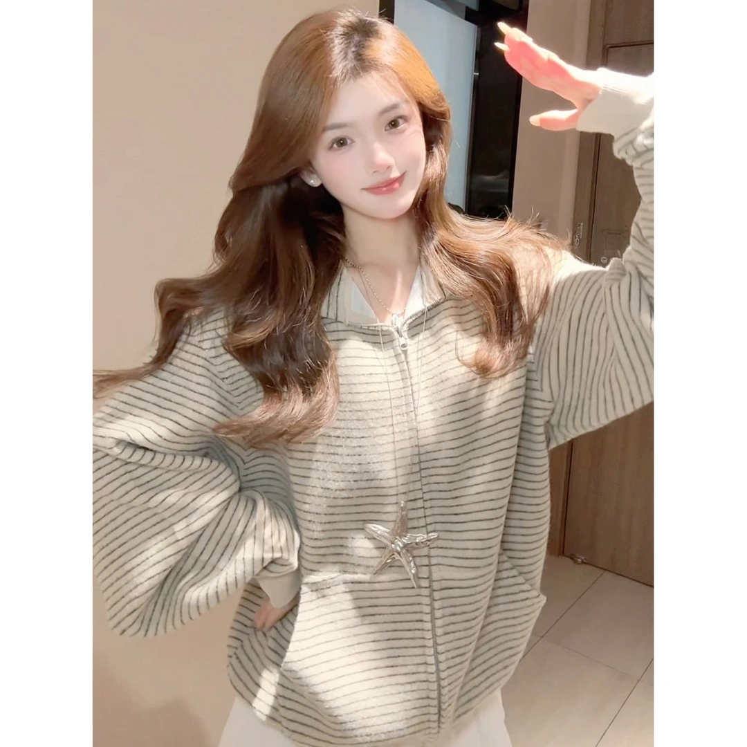 美式甜美设计感连帽条纹卫衣女秋冬休闲百搭加绒加厚情侣外套上衣