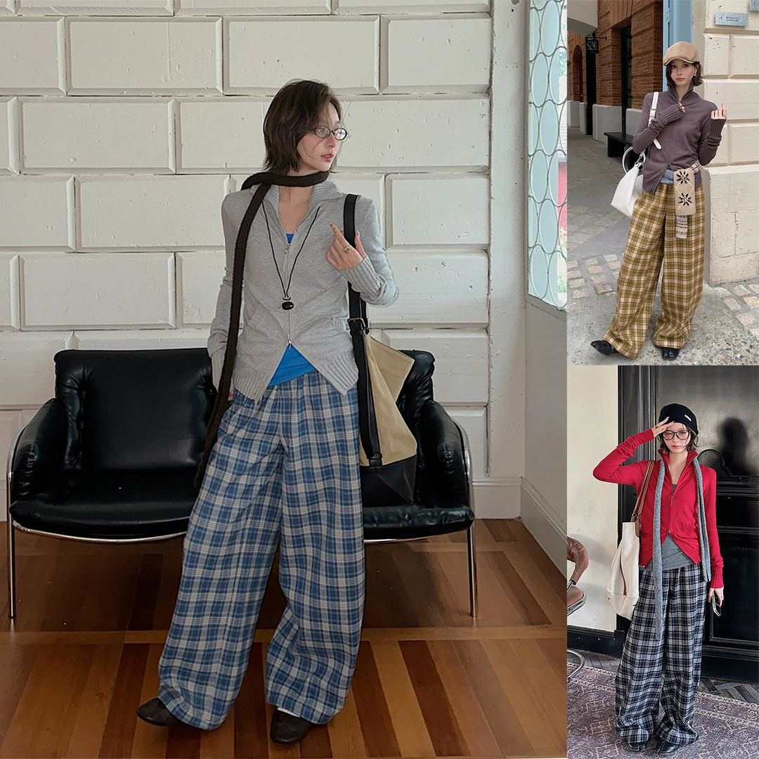 REREK格纹松紧腰宽松微茧型加绒休闲长裤 DSC买手店 R25D09230228