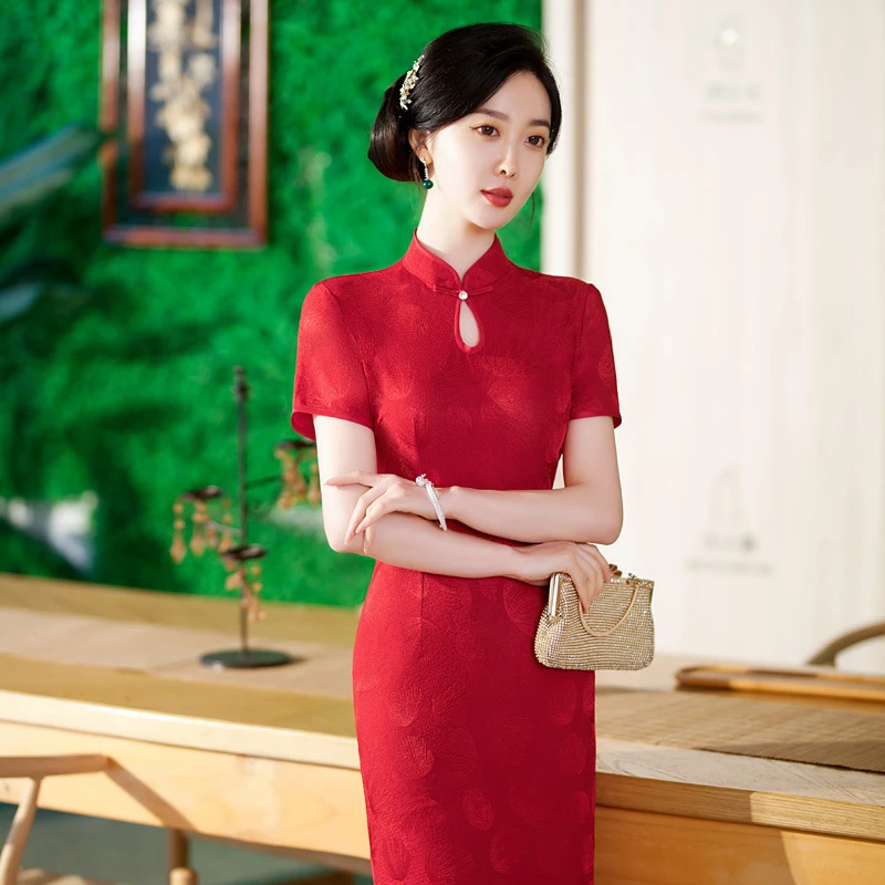 高考中考送考旗袍喜婆婆婚宴礼服国风复古喜服连衣裙夏季短袖裙子