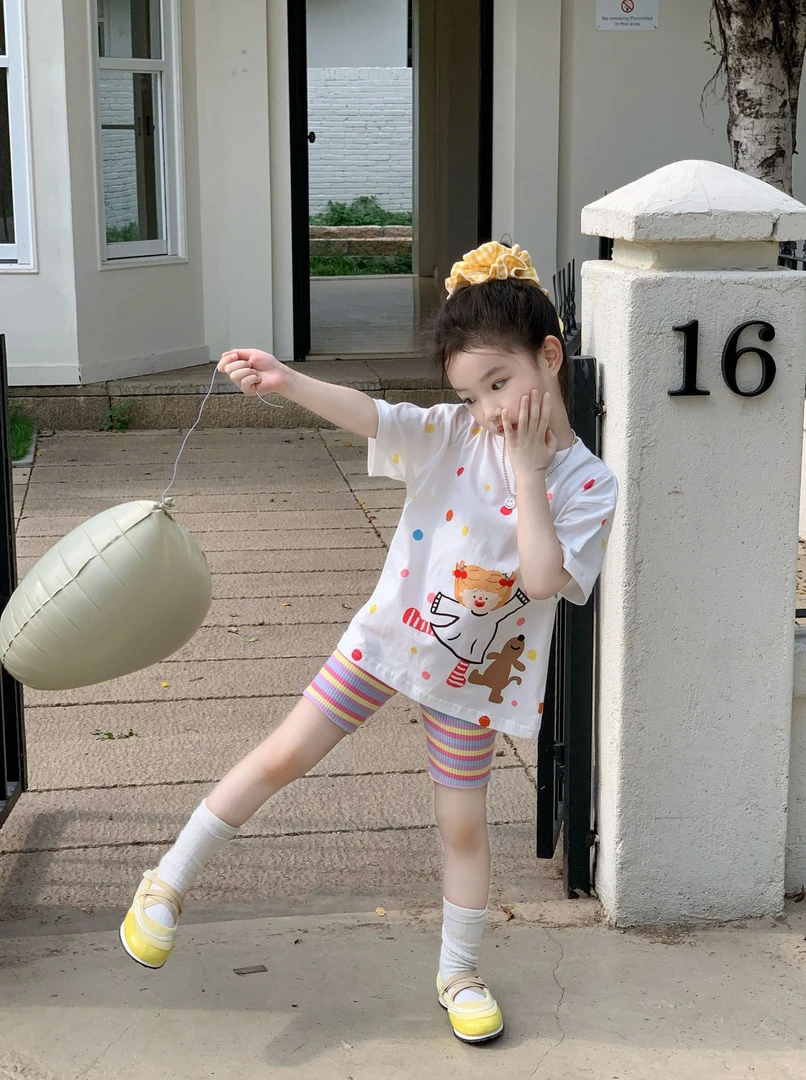 空空子.Studio【彩虹波点】女童T恤2025夏季女宝宝卡通骑行裤套装