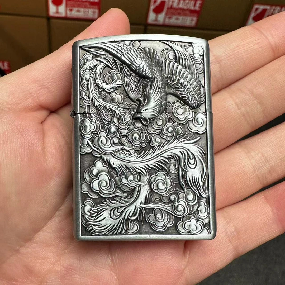 浮雕古银色龙凤煤油打火机三件套（需自行加油）