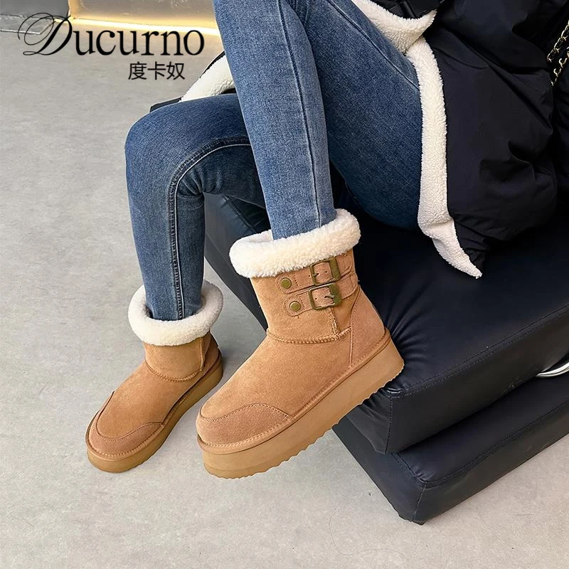 时尚厚底雪地靴女增高2025冬季新款加绒加厚羊皮毛一体东北棉鞋子