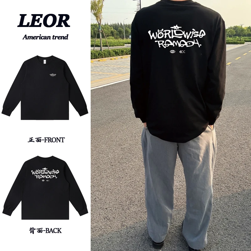 国潮休闲宽松体恤美式街头潮牌校园情侣百搭重磅长袖T恤 男女同款