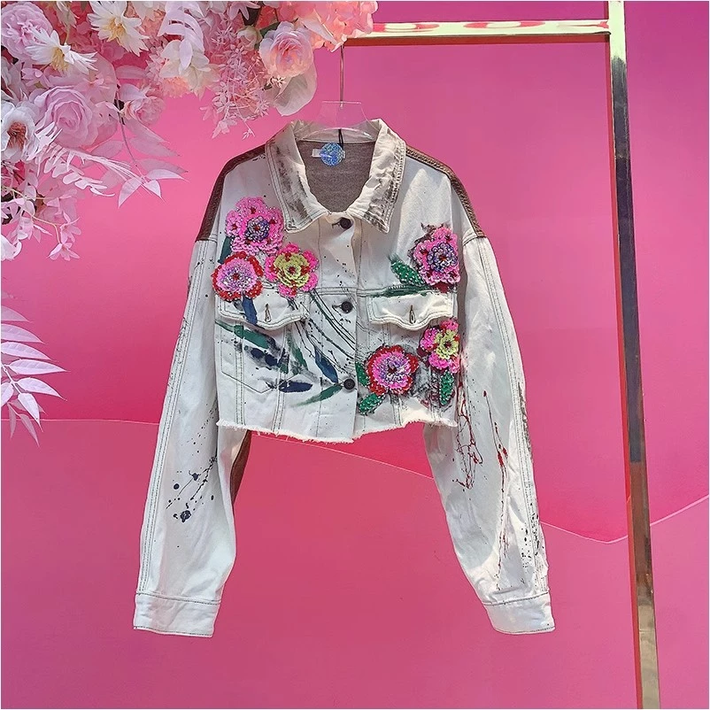 A1947欧美设计师2025夏季新款重工钉珠刺绣立体小花涂鸦短款外套