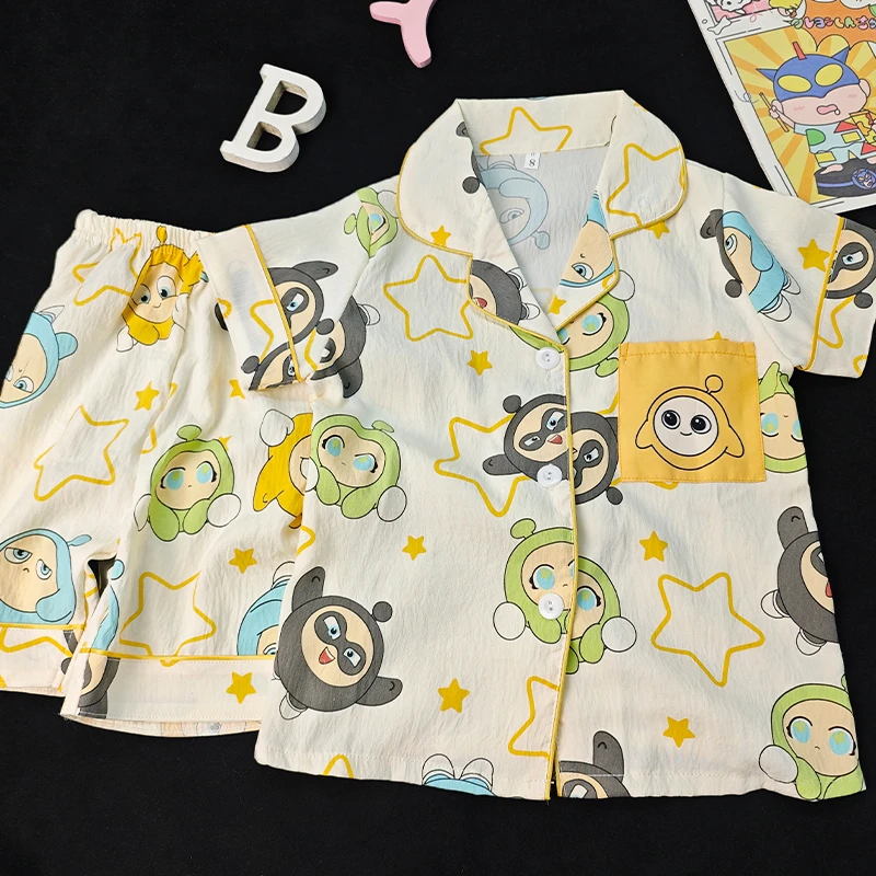 蛋仔派对男童睡衣夏季短袖云朵棉薄款2025夏款空调儿童家居服套装